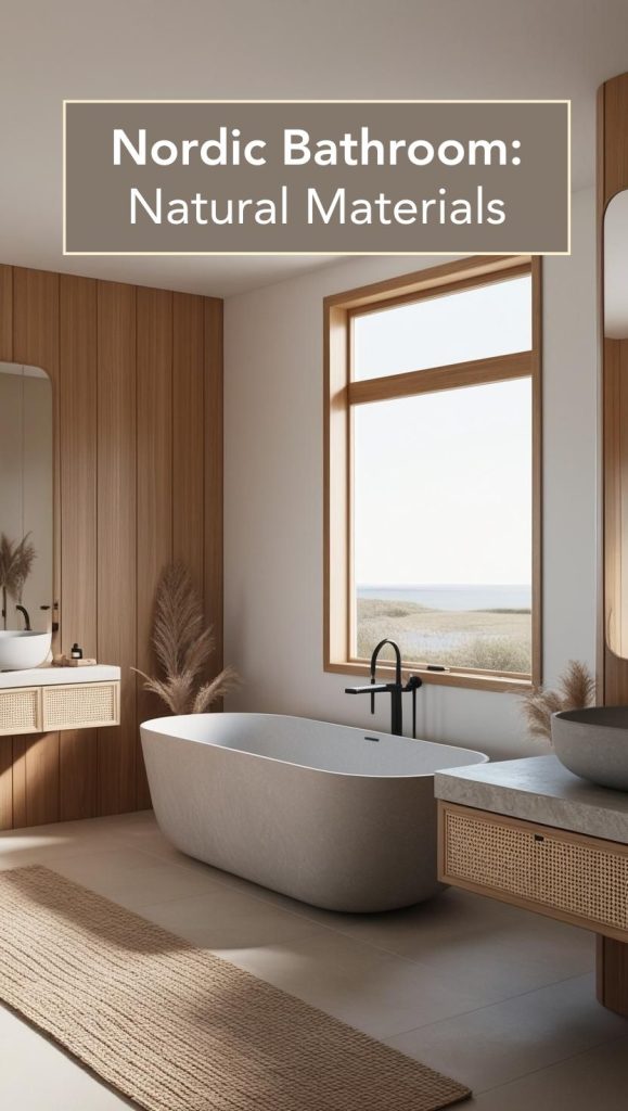 A bathroom featuring an oak vanity, a stone sink, and woven rattan baskets, bringing warmth and texture to the space.