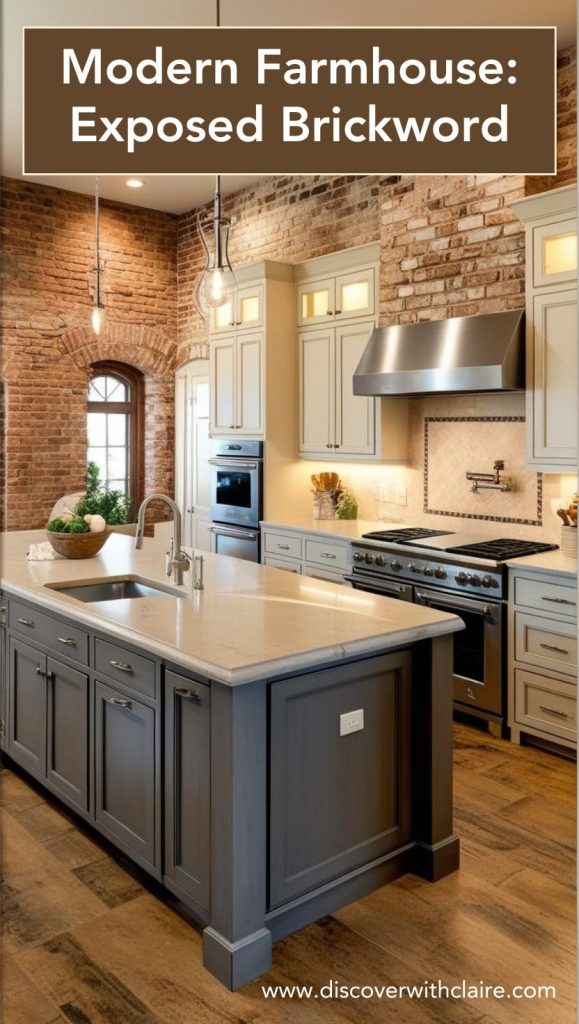 An exposed brick backsplash in a farmhouse kitchen, creating a cozy and rustic ambiance.