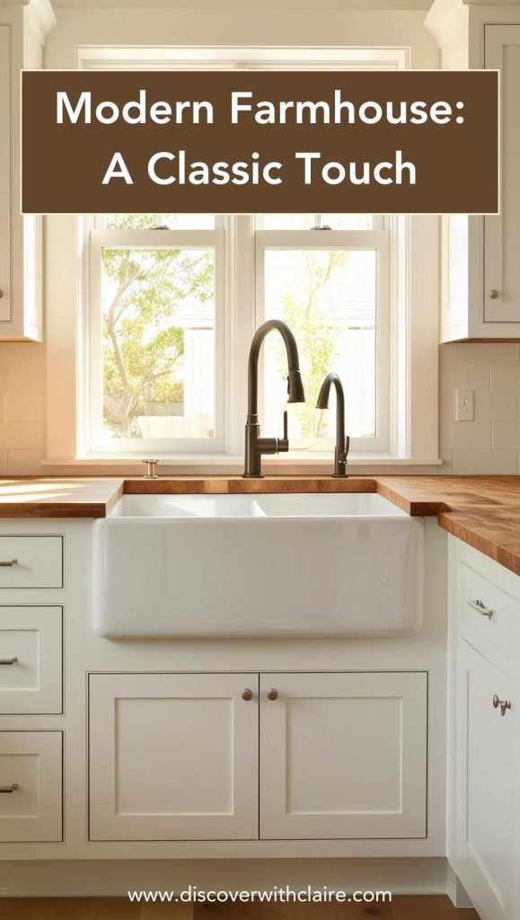 A classic white apron-front farmhouse sink with a high-arch black faucet, set against a subway tile backsplash.