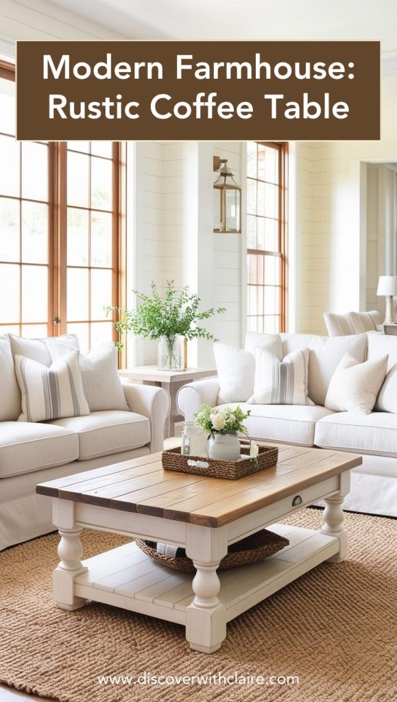 Chunky wooden farmhouse coffee table styled with a decorative tray, books, and candles.