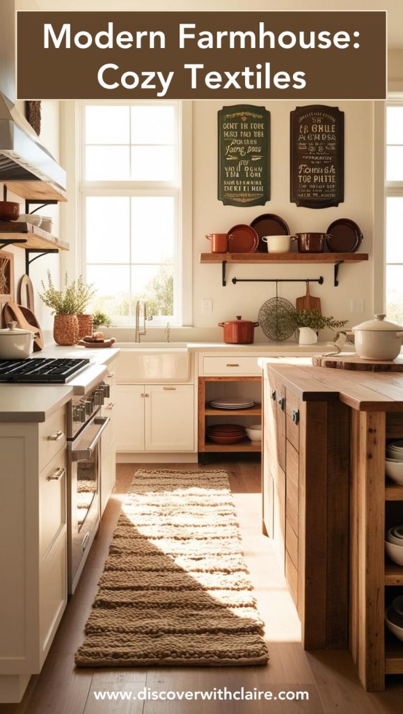 A vintage-style runner on the kitchen floor, a wooden cutting board display, and a vase with fresh greenery.