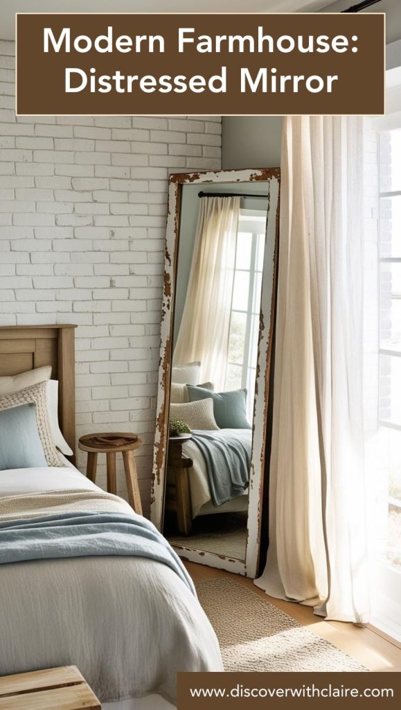 Distressed vintage mirror decor, leaning against the wall, reflecting natural light in a modern farmhouse bedroom.