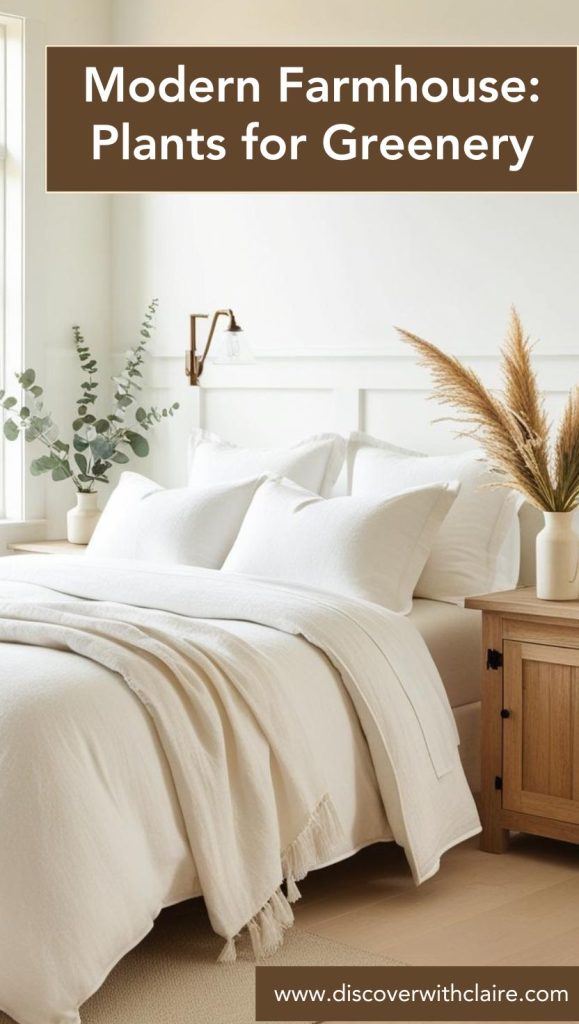 Fresh greenery in a farmhouse bedroom, with potted eucalyptus, hanging planters, and a rustic vase of dried pampas grass.