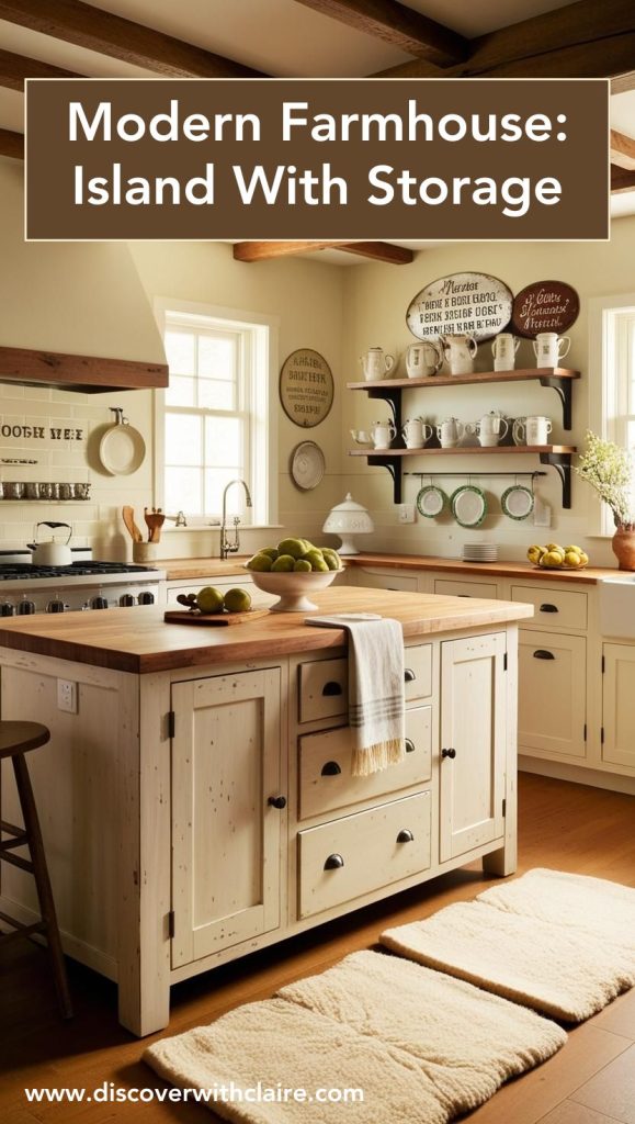 A large wooden kitchen island with a butcher block countertop, barstools, and built-in storage cabinets.