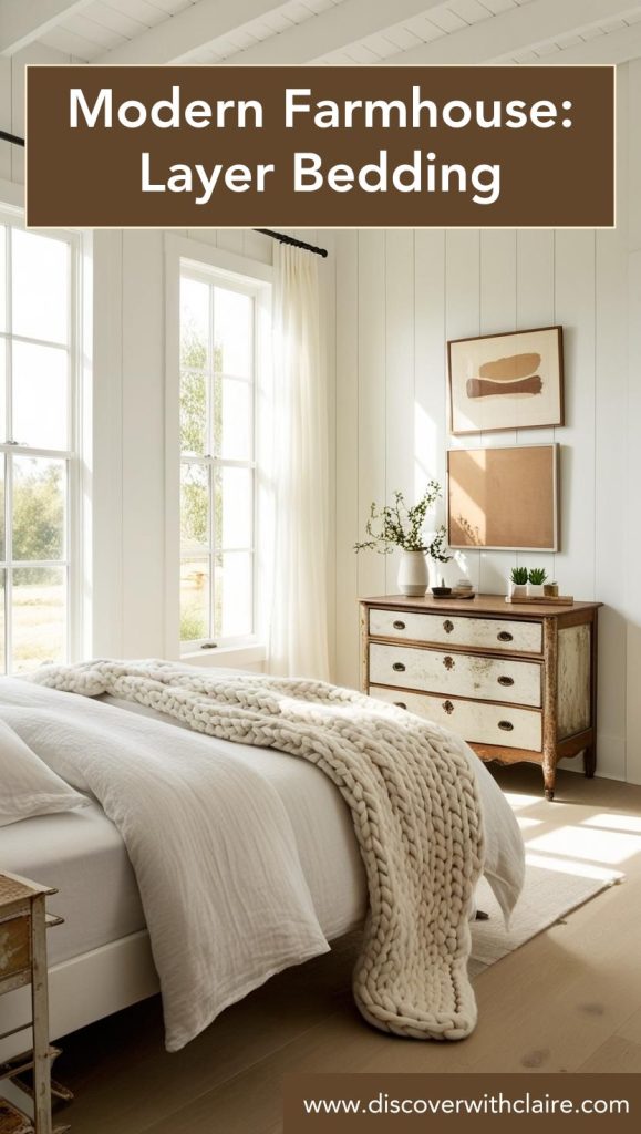 Cozy layered farmhouse bedding, including crisp white sheets, a chunky knit throw, and an assortment of soft pillows.