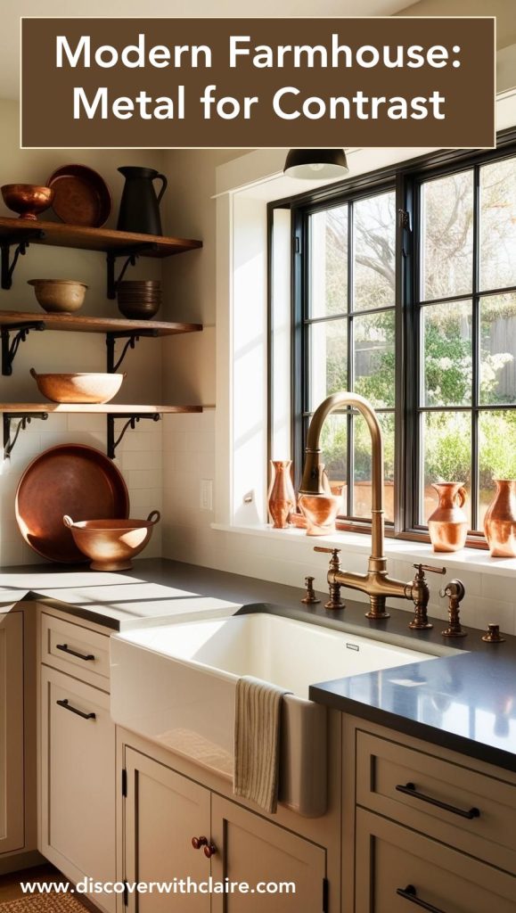 A mix of black metal light fixtures, a stainless steel range hood, and copper cookware in a modern farmhouse kitchen.