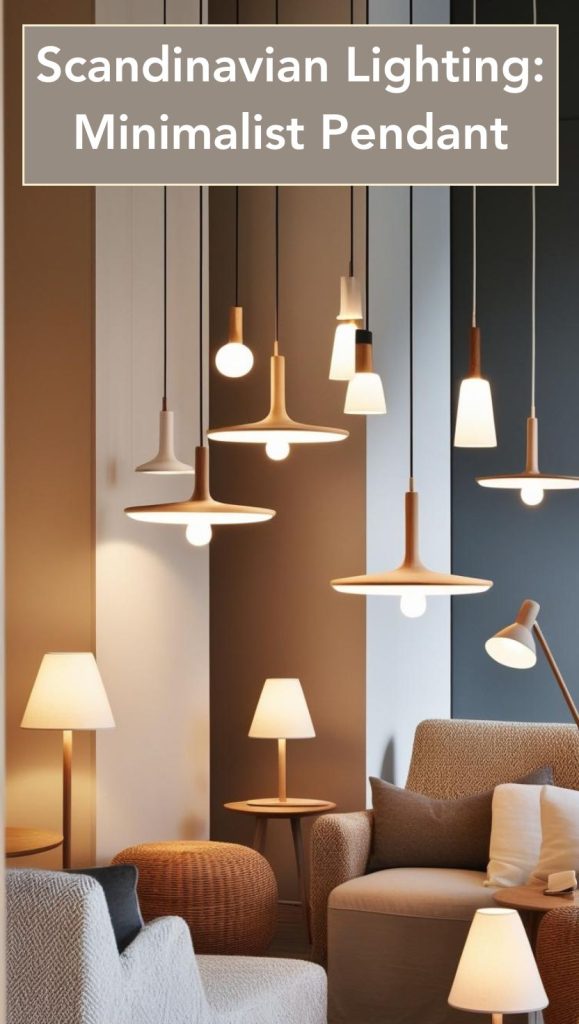 A modern dining area with sleek, minimalist pendant lights hanging above a wooden Scandinavian-style table.