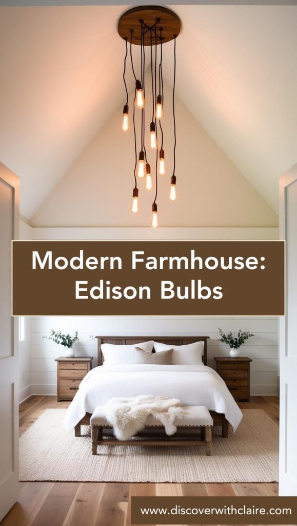 Farmhouse-style lighting, featuring a black metal chandelier and warm Edison bulb wall sconces for a cozy ambiance.