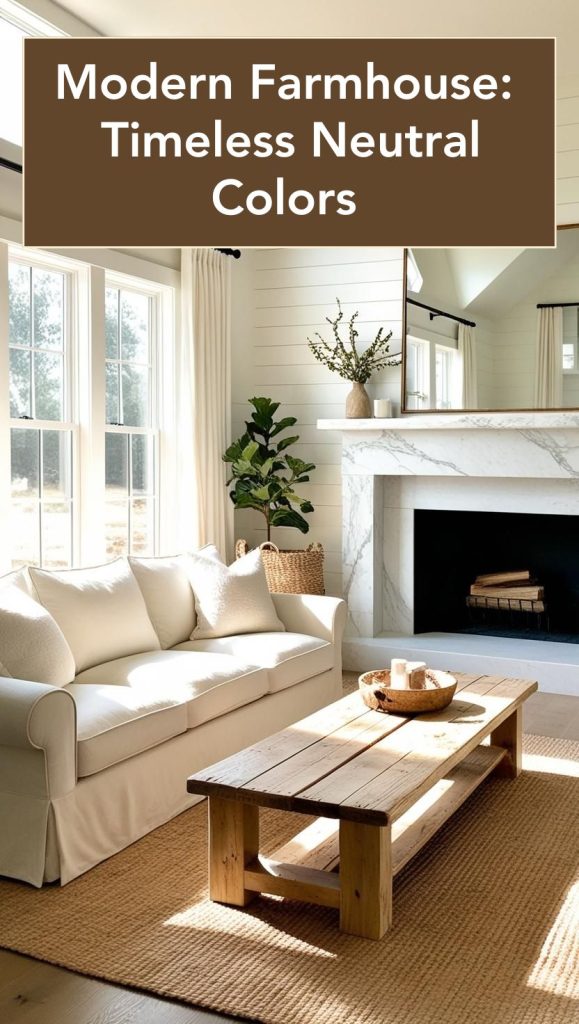 Neutral-toned modern farmhouse living room with cozy white sofas and wooden coffee table.