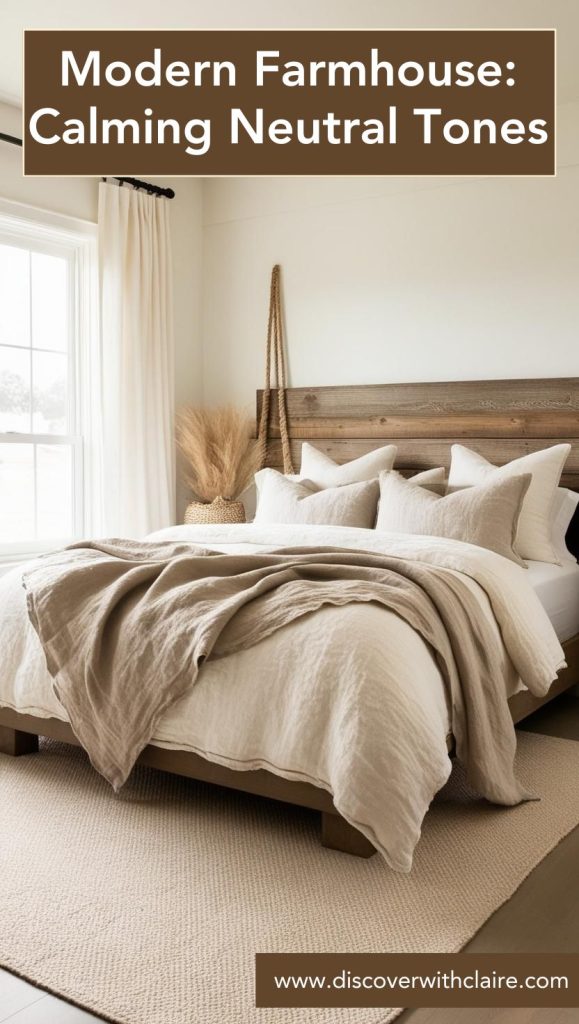 Neutral farmhouse bedroom with white walls, beige bedding, and wooden accents creating a cozy, inviting space.
