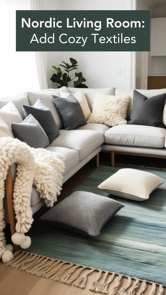 A cozy Nordic-inspired sofa adorned with plush wool throw blankets and textured linen cushions, creating a warm and inviting space.