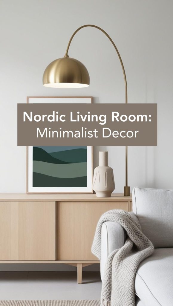 A thoughtfully decorated Scandinavian living space with simple framed artwork, a statement ceramic vase, and an elegant pendant light.