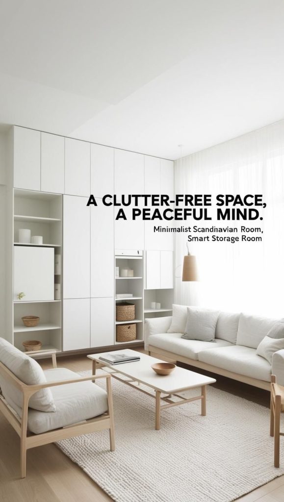 A spacious and clutter-free Nordic-inspired living room with smart storage solutions, floating shelves, and a carefully curated decor selection.