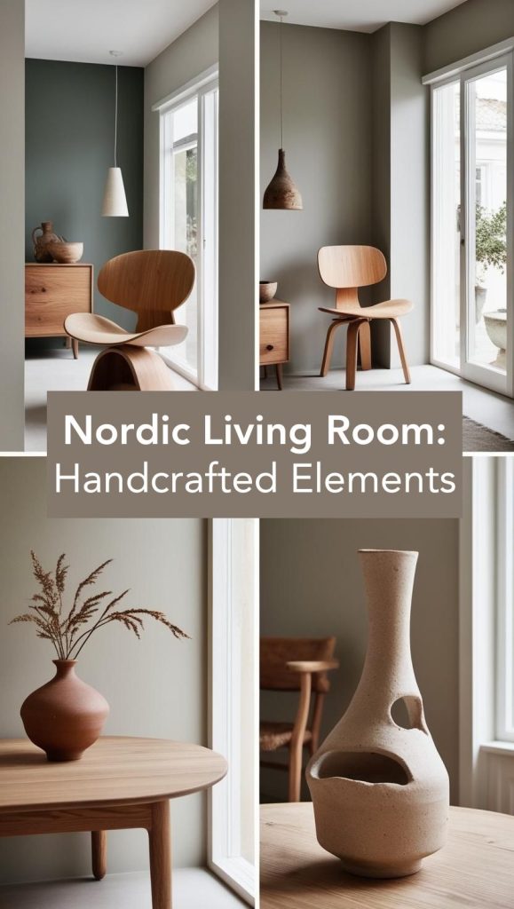 A unique Scandinavian living room blending modern and vintage pieces, featuring a handcrafted wooden chair and artisanal ceramic decor.