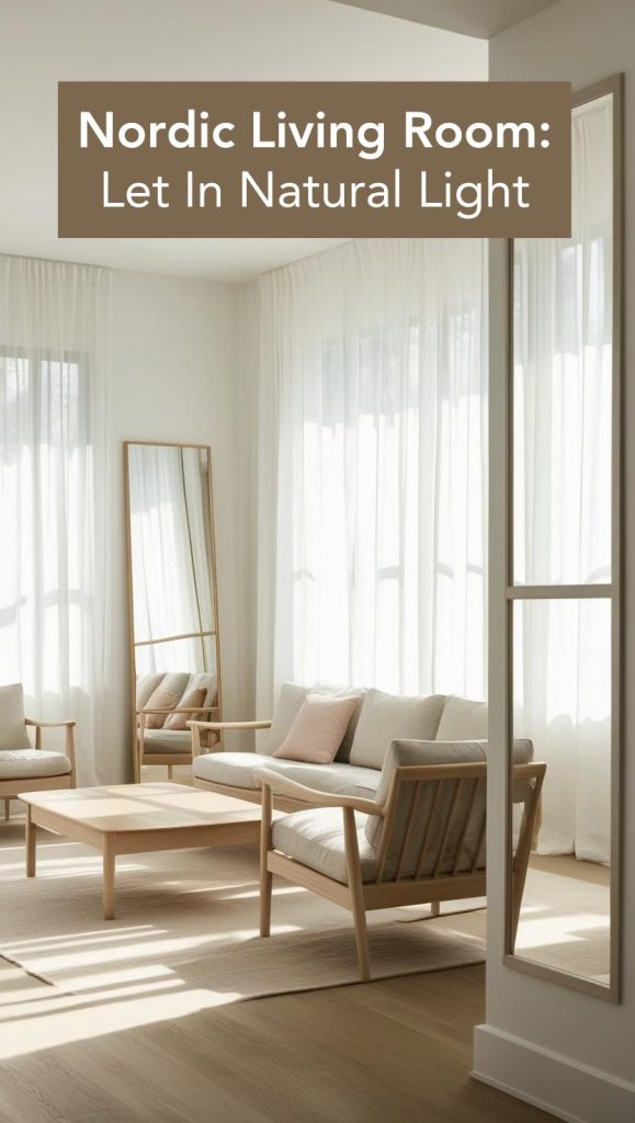 A bright Scandinavian living room filled with natural light, featuring sheer white curtains and a large mirror reflecting the sunshine.