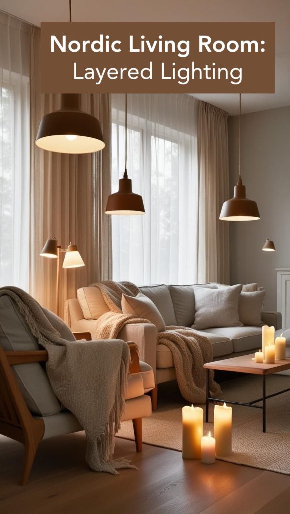 A cozy Scandinavian living room illuminated by layered lighting, featuring a statement pendant light, warm floor lamp, and candlelit ambiance.