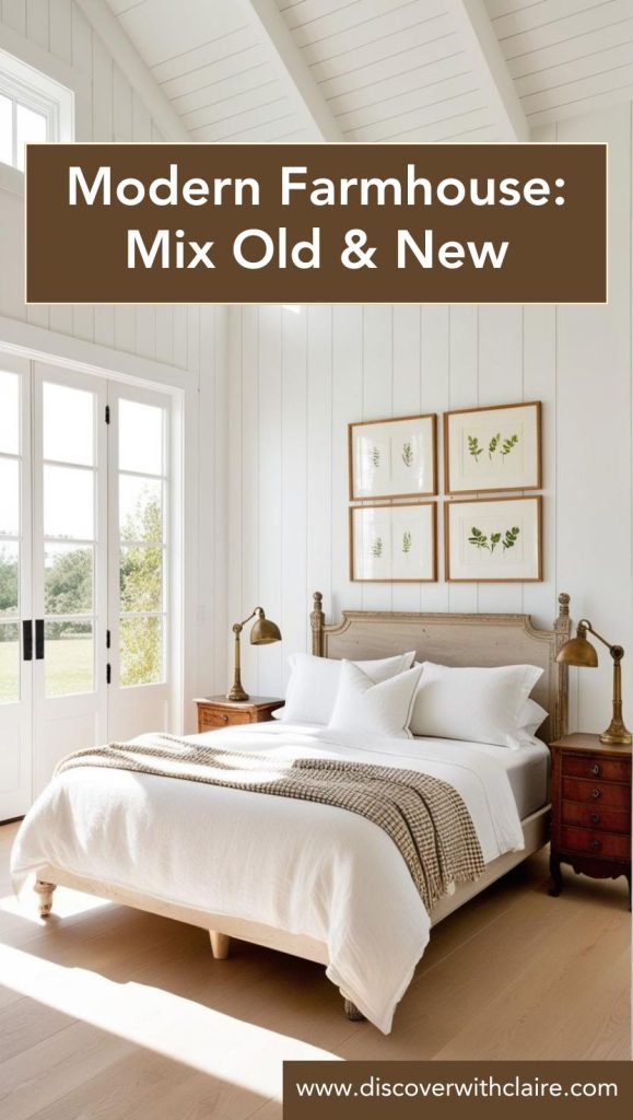 Modern farmhouse furniture mix, blending a vintage dresser with a sleek contemporary lamp and iron bed frame.