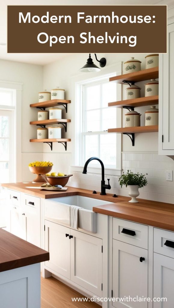 Rustic wooden open shelves displaying neatly arranged dishware, mason jars, and vintage-inspired decor.