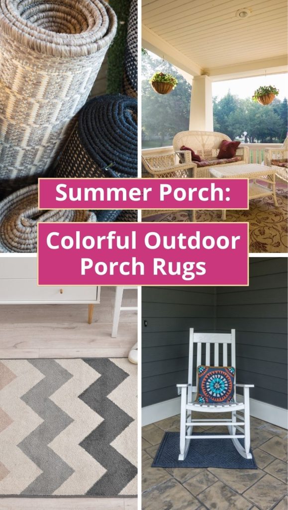 A cozy front porch with white rocking chairs, colorful summer throw pillows, and potted flowers lining the steps.