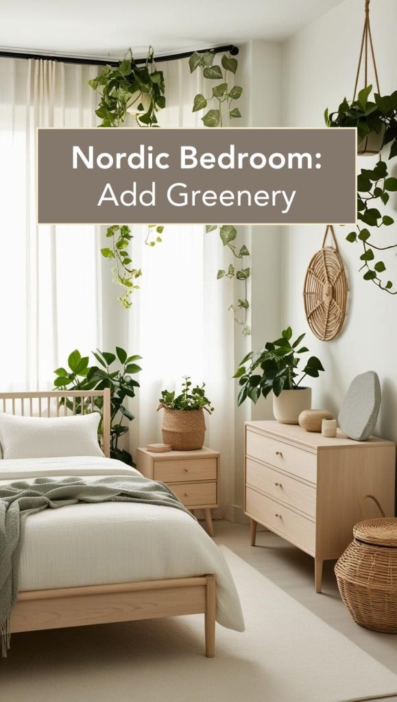 Nature-inspired Scandinavian bedroom with indoor plants and wooden decor accents.