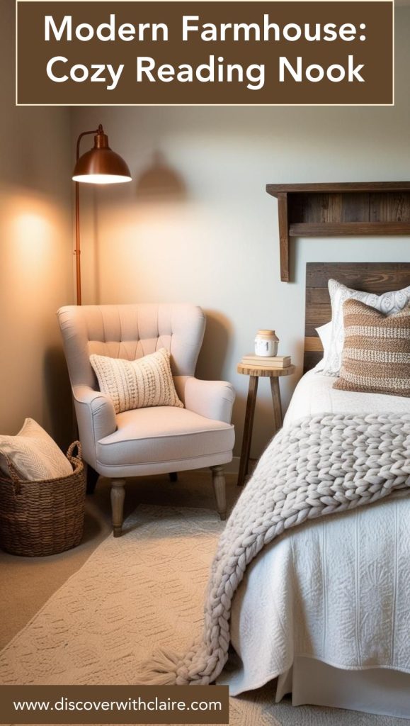 Farmhouse-style reading nook, complete with a cozy armchair, wooden side table, and soft throw blanket by a window.