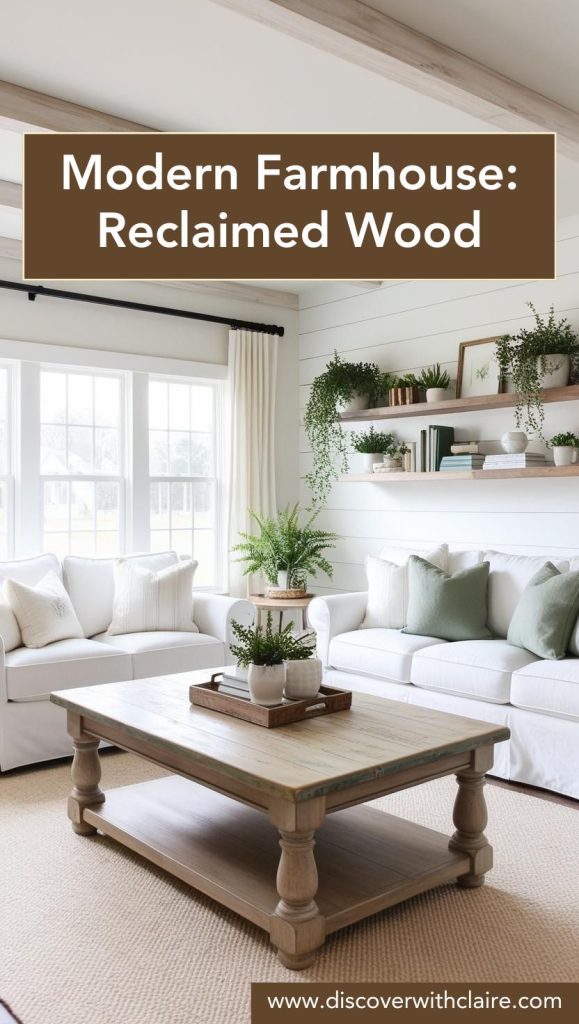 Rustic living room featuring reclaimed wood beams, a farmhouse-style coffee table, and vintage decor.