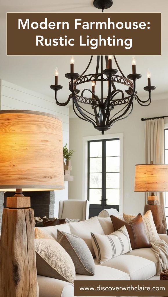 Rustic chandelier and industrial pendant lights illuminating a cozy modern farmhouse living space.