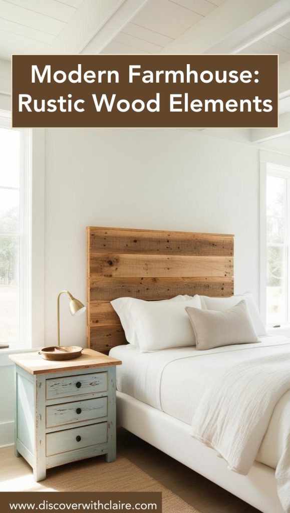 Rustic wooden bedroom elements, featuring a reclaimed wood headboard, distressed nightstands, and wooden ceiling beams.