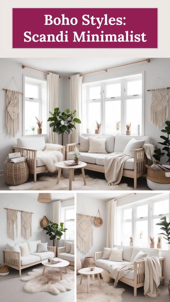 Bright and airy Scandinavian boho interior with white walls, light wood furniture, and cozy textiles.