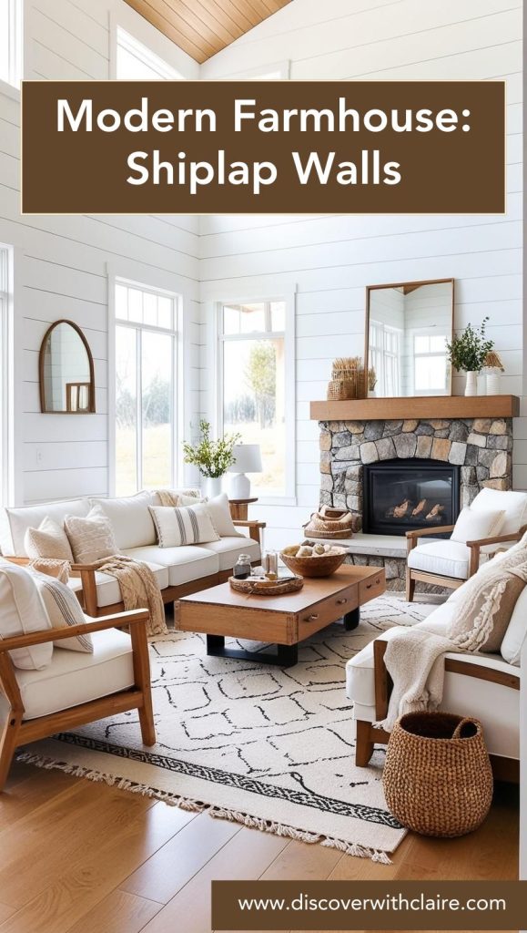 Bright farmhouse living room with white shiplap walls and rustic wood accents.