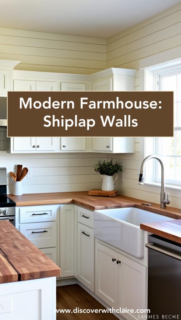 A farmhouse kitchen accent wall featuring white-painted shiplap for a clean yet textured look.