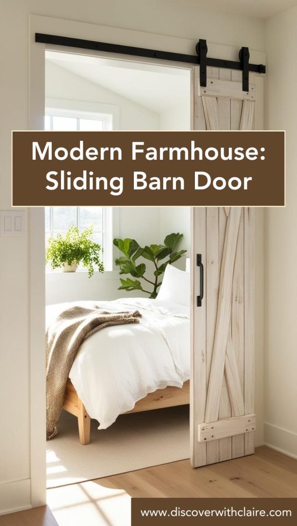 Sliding barn door in a farmhouse bedroom, showcasing a weathered wood design with black metal hardware.