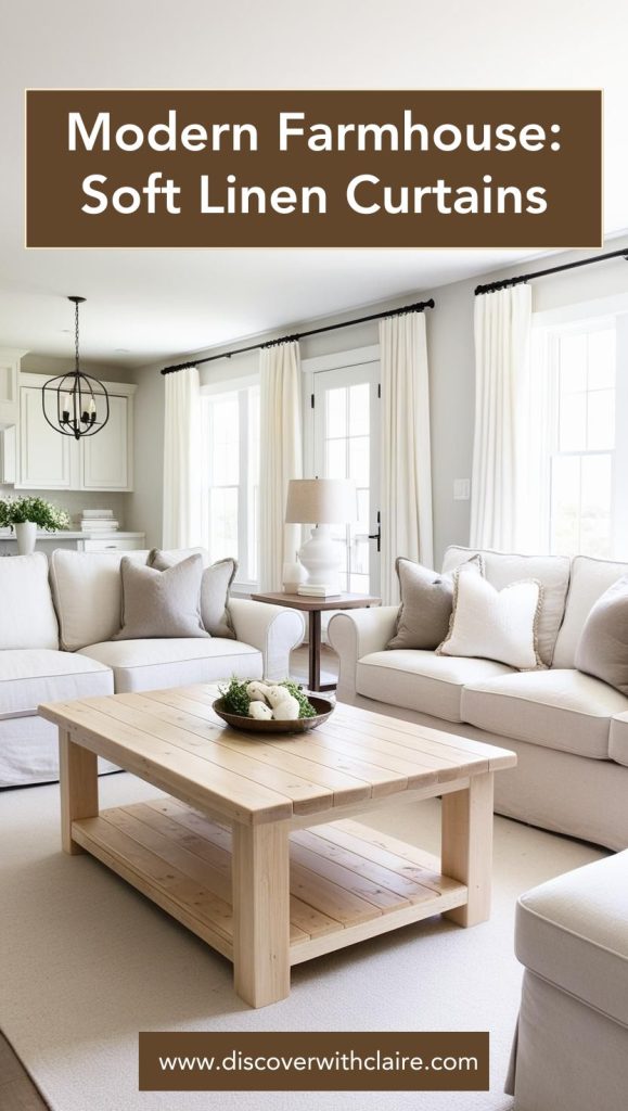 Soft linen curtains framing large windows in a bright and airy farmhouse-style living room.