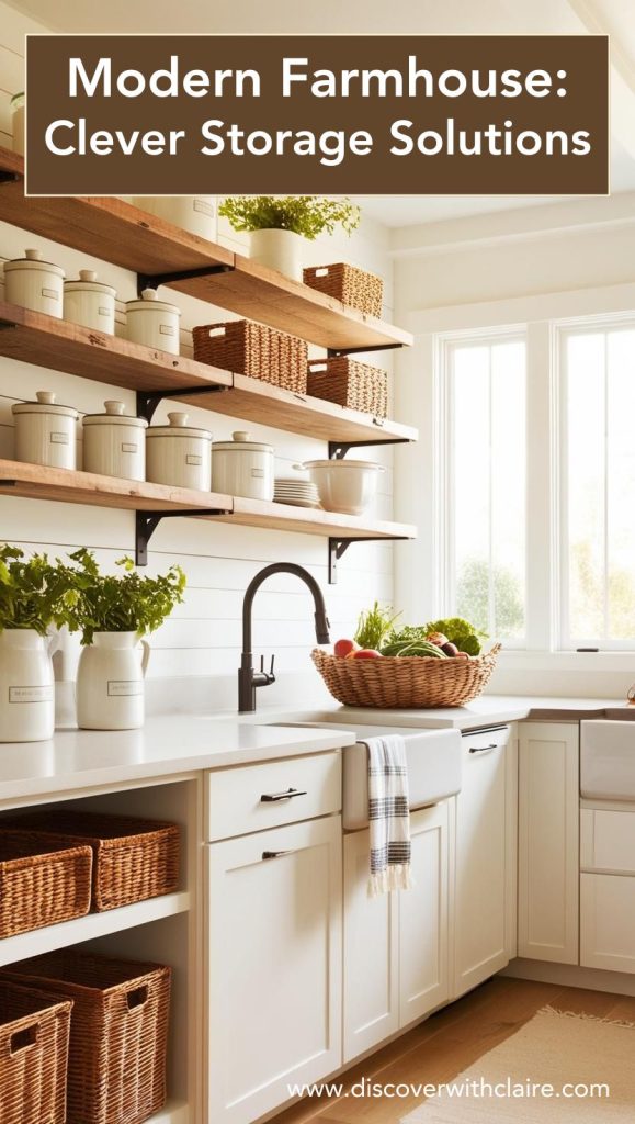 A well-organized farmhouse pantry with wooden shelves, labeled glass jars, and woven baskets.