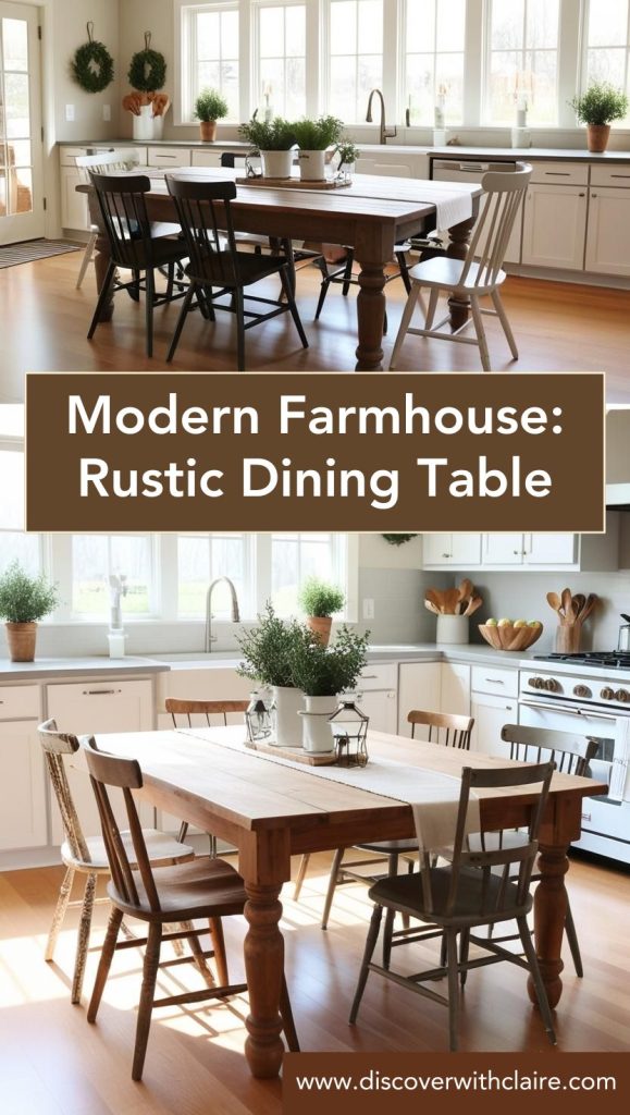 A rustic wooden dining table paired with cross-back chairs and a distressed vintage-style hutch.