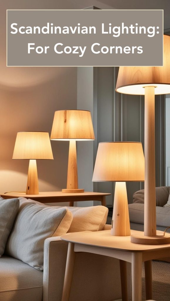 A Scandinavian bedside table with a minimalist table lamp casting a soft, warm glow.