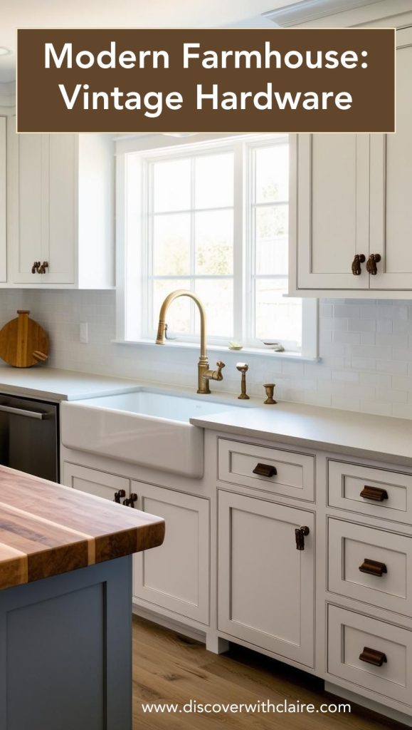 A close-up of black cup pulls and antique brass knobs on white cabinetry, adding a touch of vintage charm.