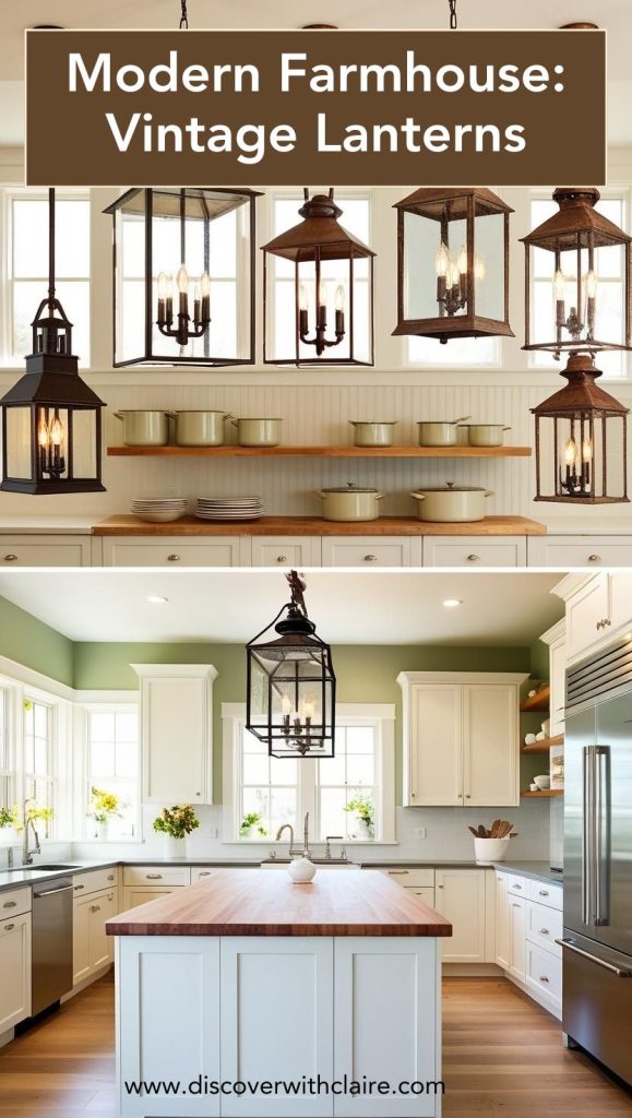 Oversized black metal pendant lights hanging above a wooden kitchen island, adding a bold farmhouse touch.