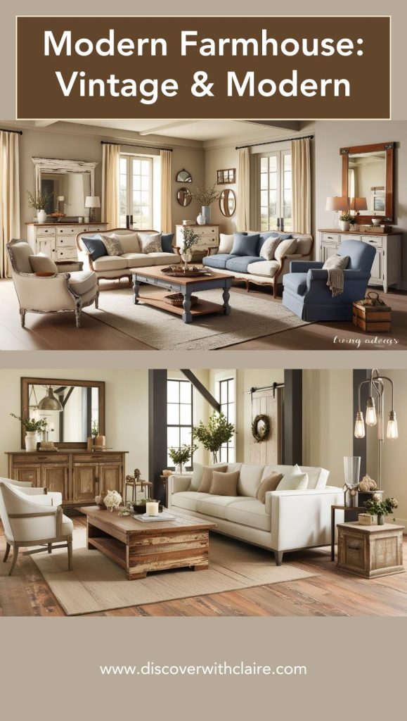 Vintage and modern decor mixed in a farmhouse living room with distressed furniture and sleek lighting.