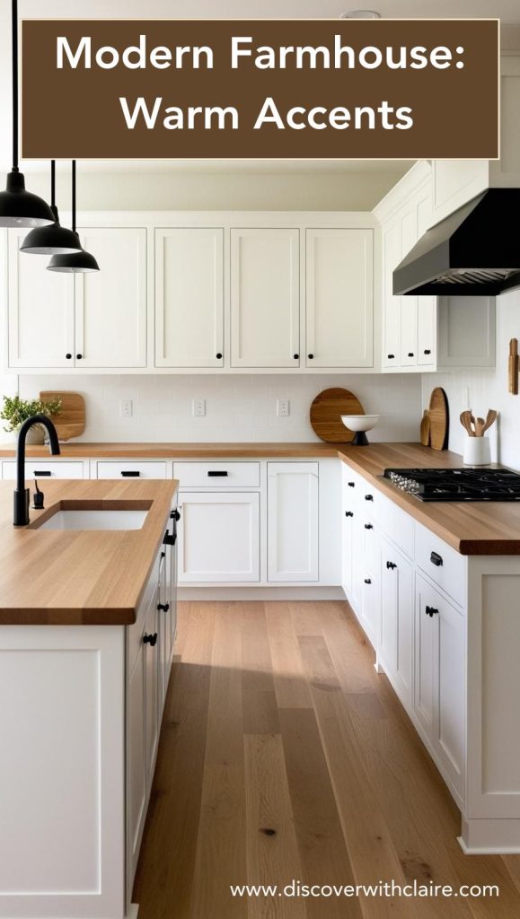 A bright modern farmhouse kitchen with white cabinetry, warm wood accents, and black hardware for contrast.