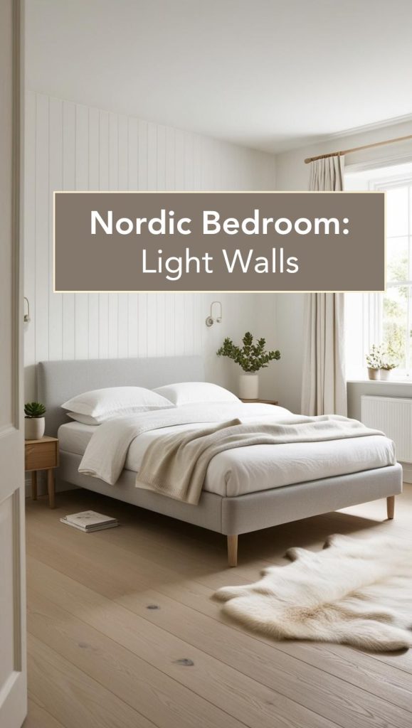 Bright and airy Scandinavian bedroom with white walls and light wood furniture.