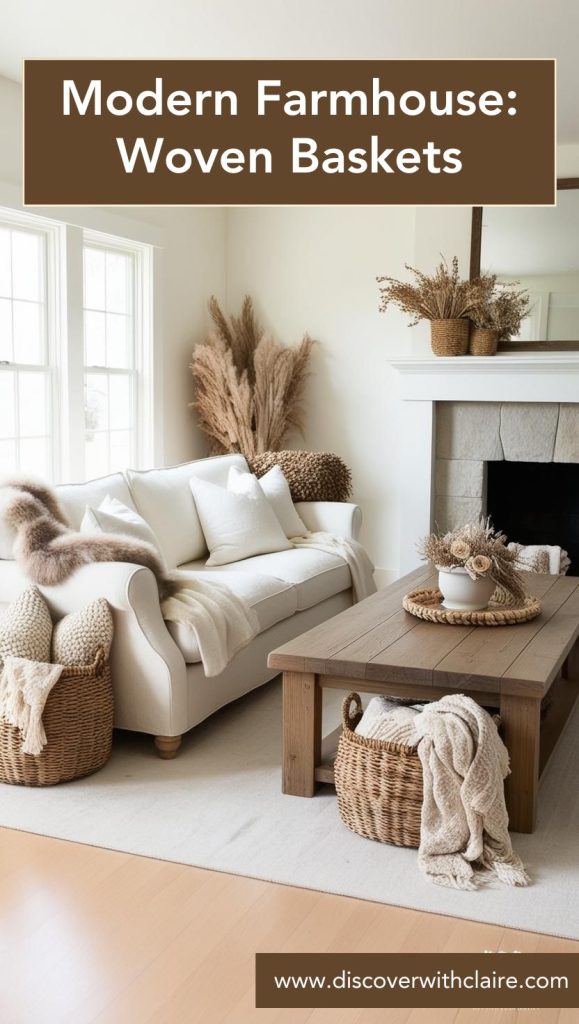 Woven baskets used for stylish storage in a modern farmhouse living room corner.