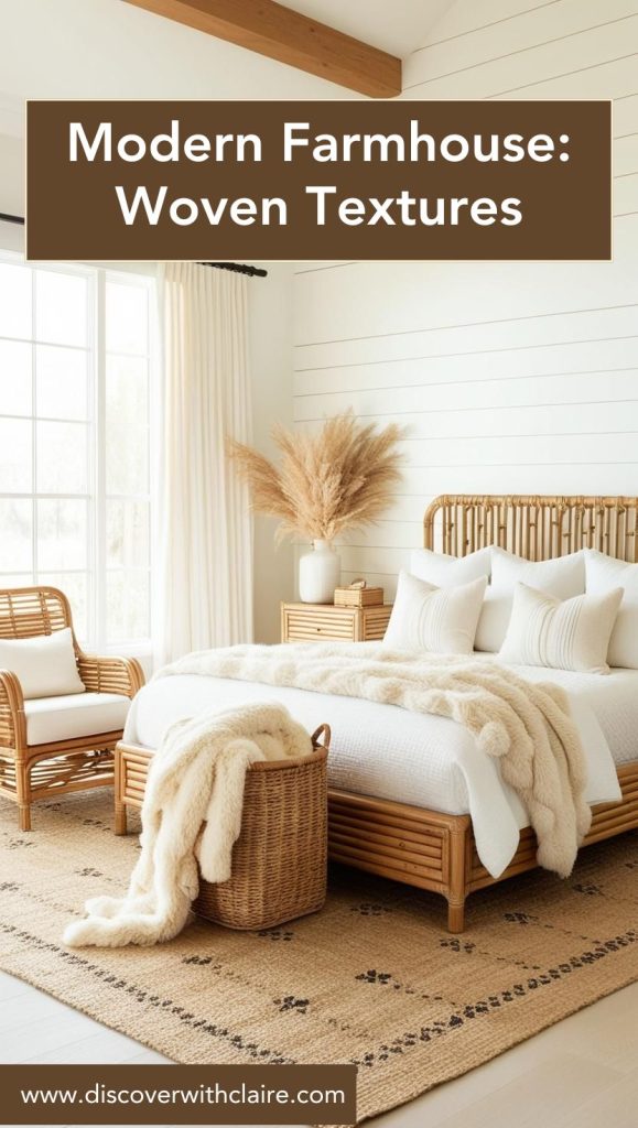 Woven textures in a modern farmhouse bedroom, with a jute rug, rattan chair, and macramé wall hanging.