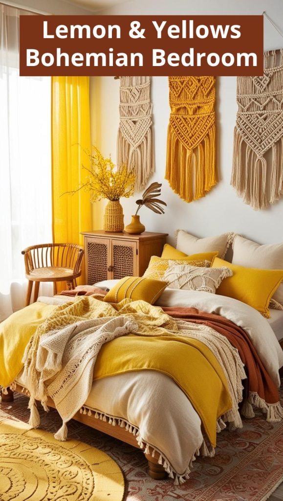 Yellow Boho Bedroom – A cheerful yellow boho bedroom with mustard and gold accents, warm lighting, and eclectic decor.